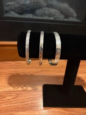 Silver Floral-Engraved Women's Silver Cuff Bracelet - Set of 3